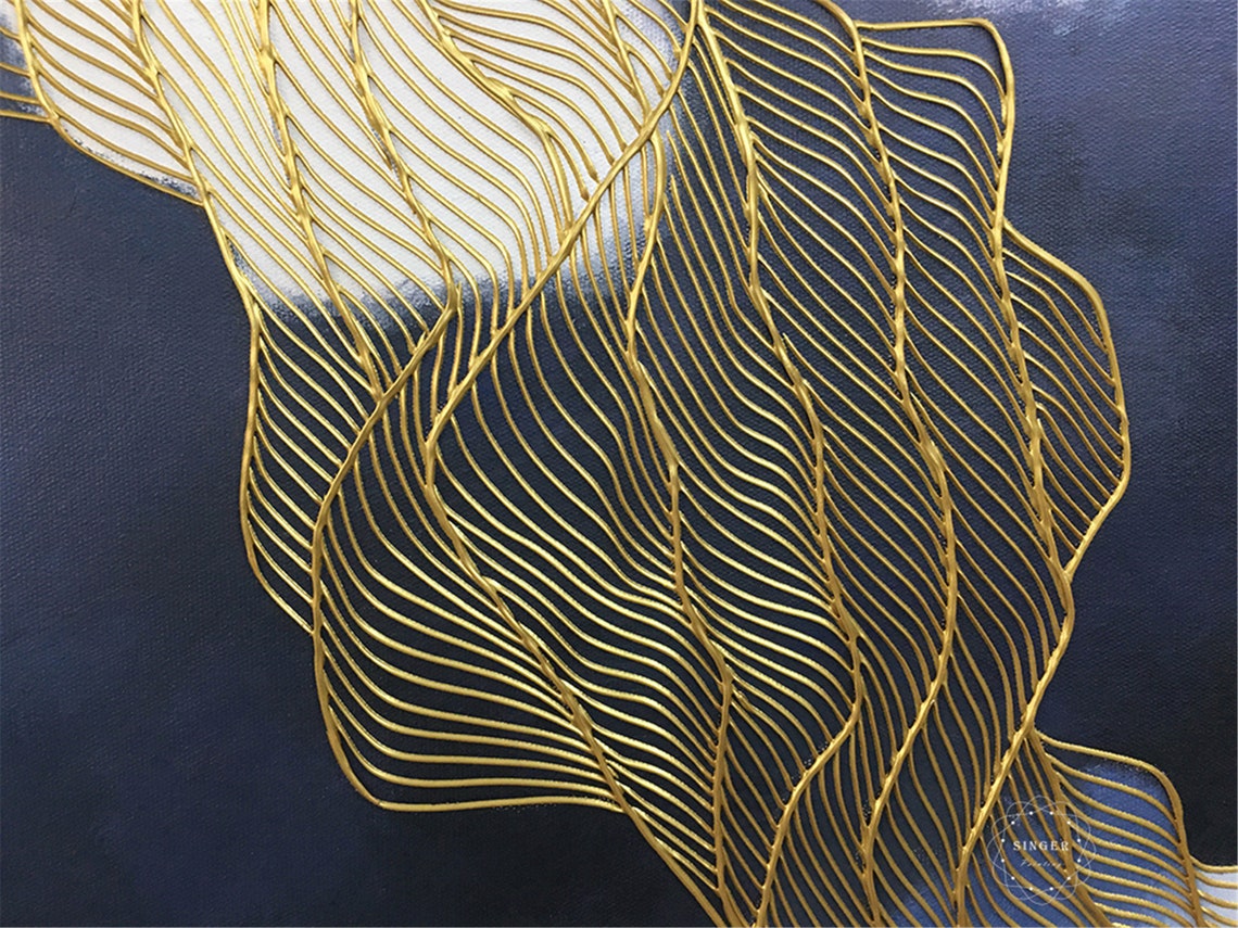 Gold Contour Silk Waves on Navy Blue Abstract Elegant Wall Art Poster - Image 5
