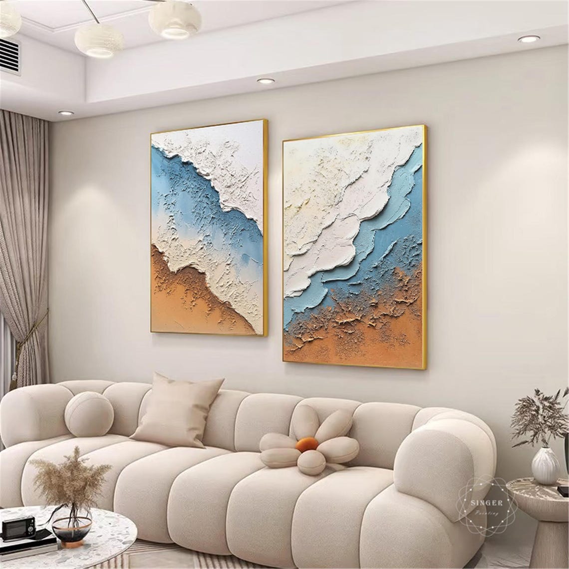 Two Piece Blue White Sea Waves Sandy Beach Diptych Coastal Wall Art - Image 2