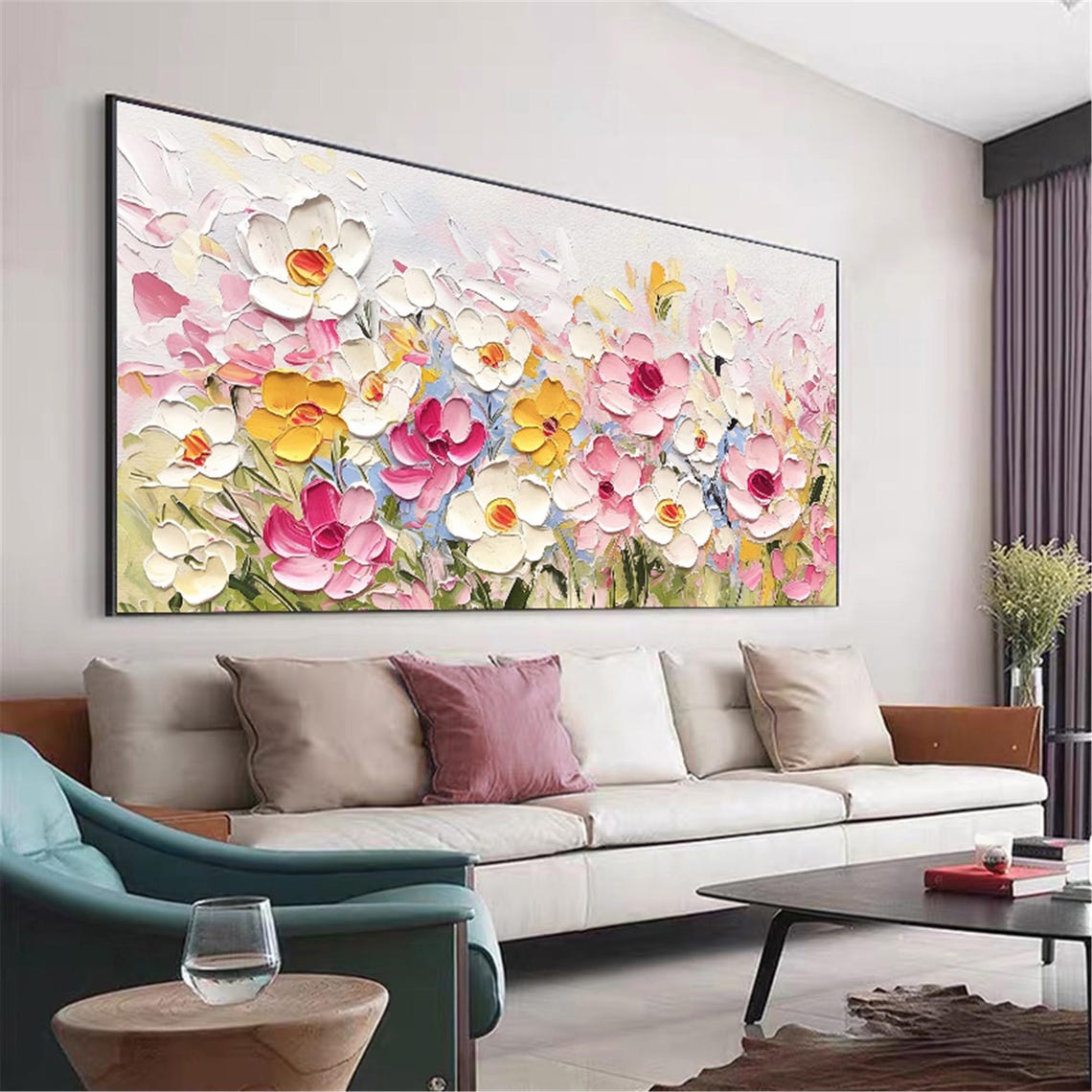 Pink Yellow White Wildflower 3D Textured Floral Painting Poster - Image 2