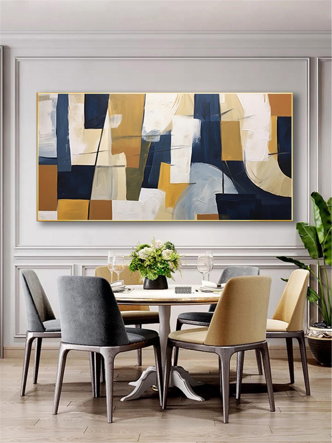 Navy Mustard Cream Geometric Abstract Blocks Panoramic Wall Art Poster - Image 5
