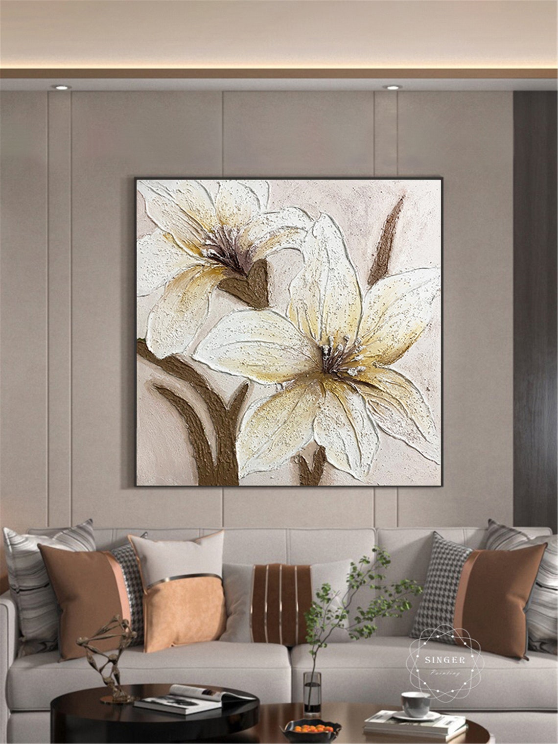 White Lilies 3D Textured Impasto Floral Painting Beige Canvas Poster - Image 2