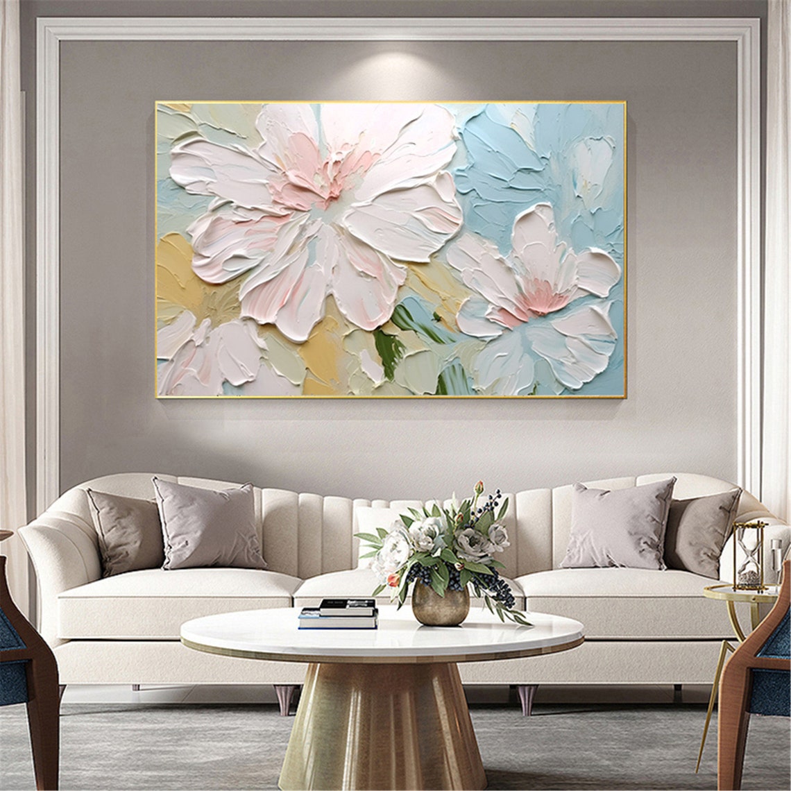 Giant Blush Peony Blossoms Blue Gold Panoramic Floral Wall Art - Image 3