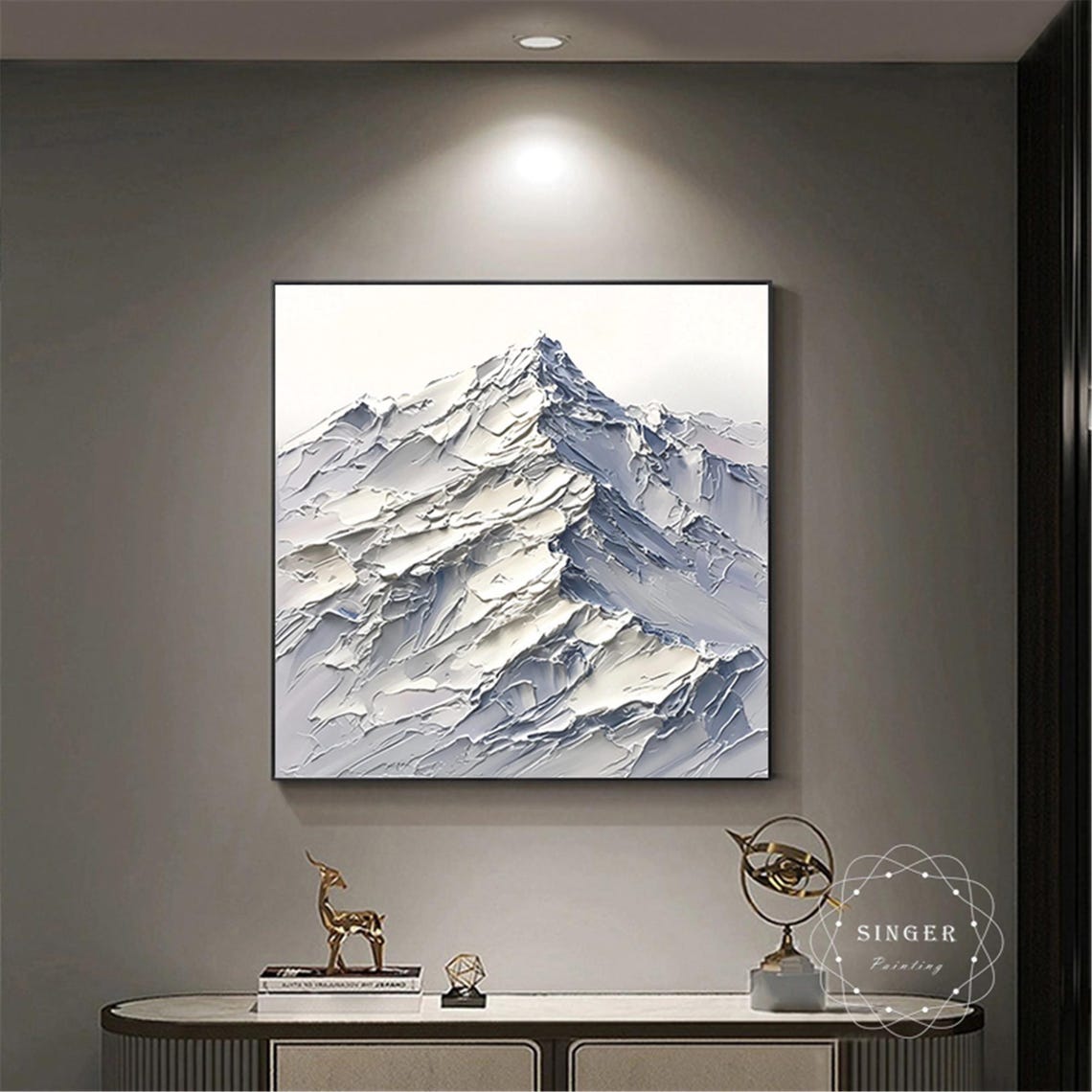 Snow Peak Summit 3D Textured Impasto Painting White Minimalist Poster - Image 2