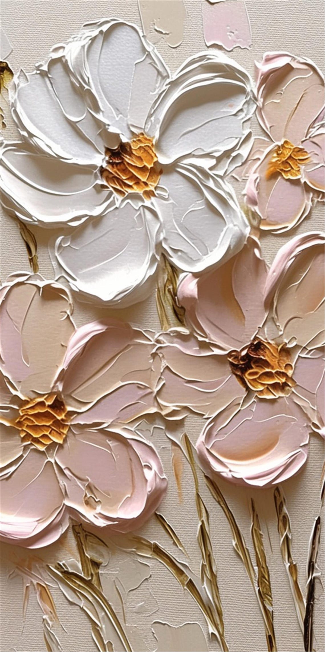White Peach Bloom Tall Stems 3D Textured Floral Painting Poster - Image 5