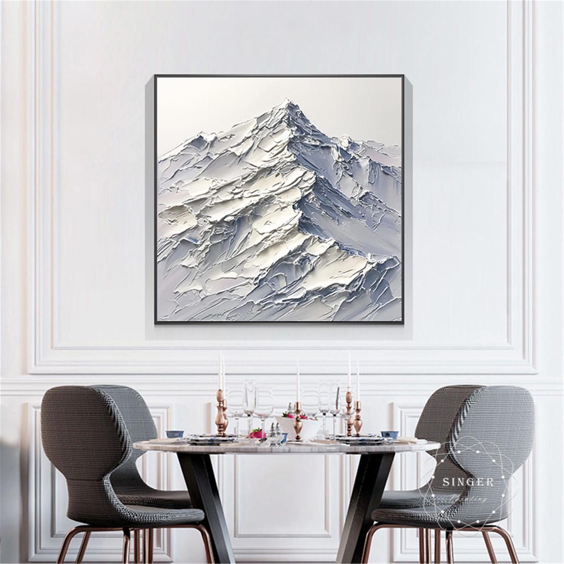 Snow Peak Summit 3D Textured Impasto Painting White Minimalist Poster - Image 4