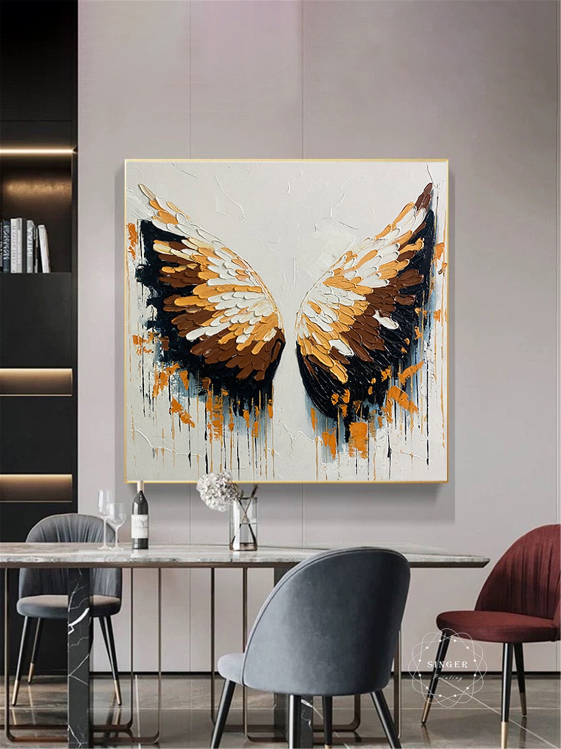 Golden Angel Wings 3D Textured Impasto Painting White Canvas Wall Art - Image 2