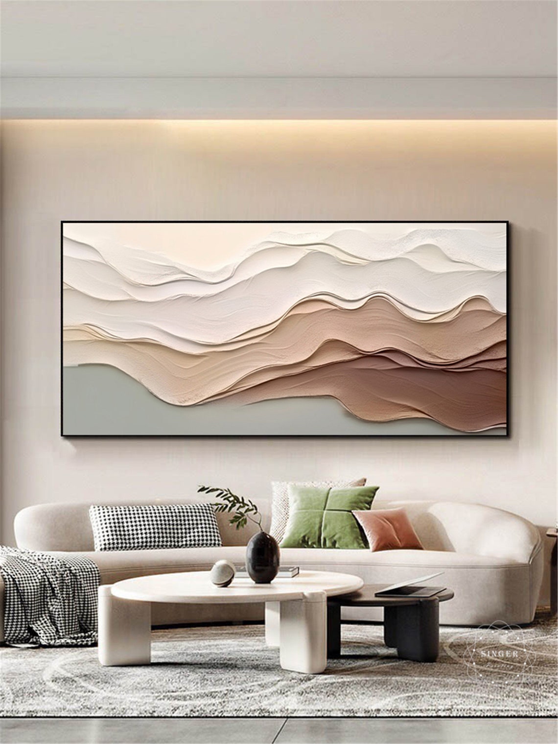 Flowing Wave Layers Abstract 3D Textured Cream Caramel Panoramic Print - Image 5