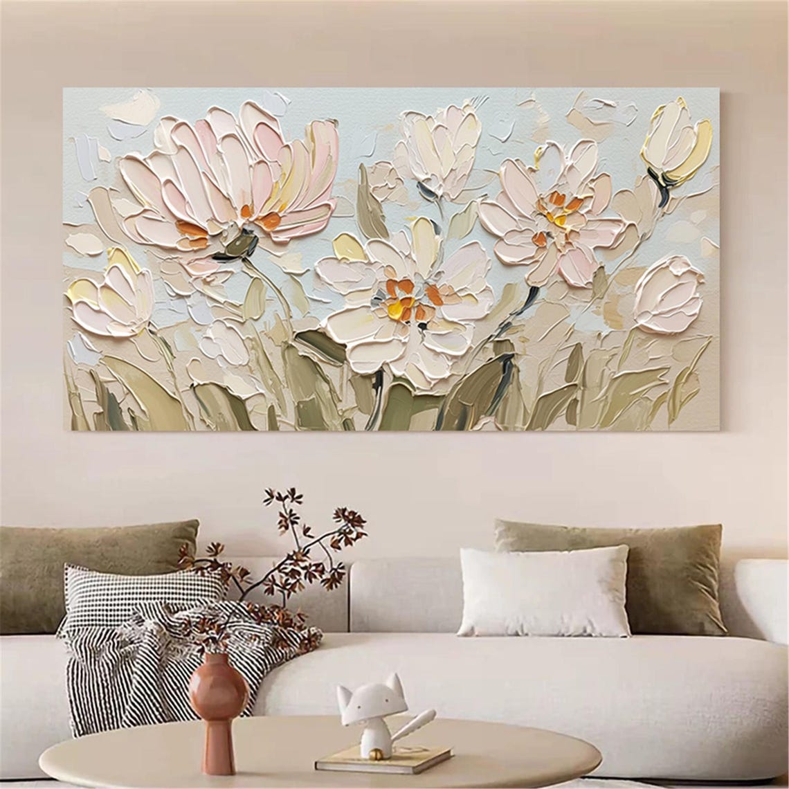 Pink Cream Bloom Sage Green 3D Textured Floral Painting Poster - Image 3