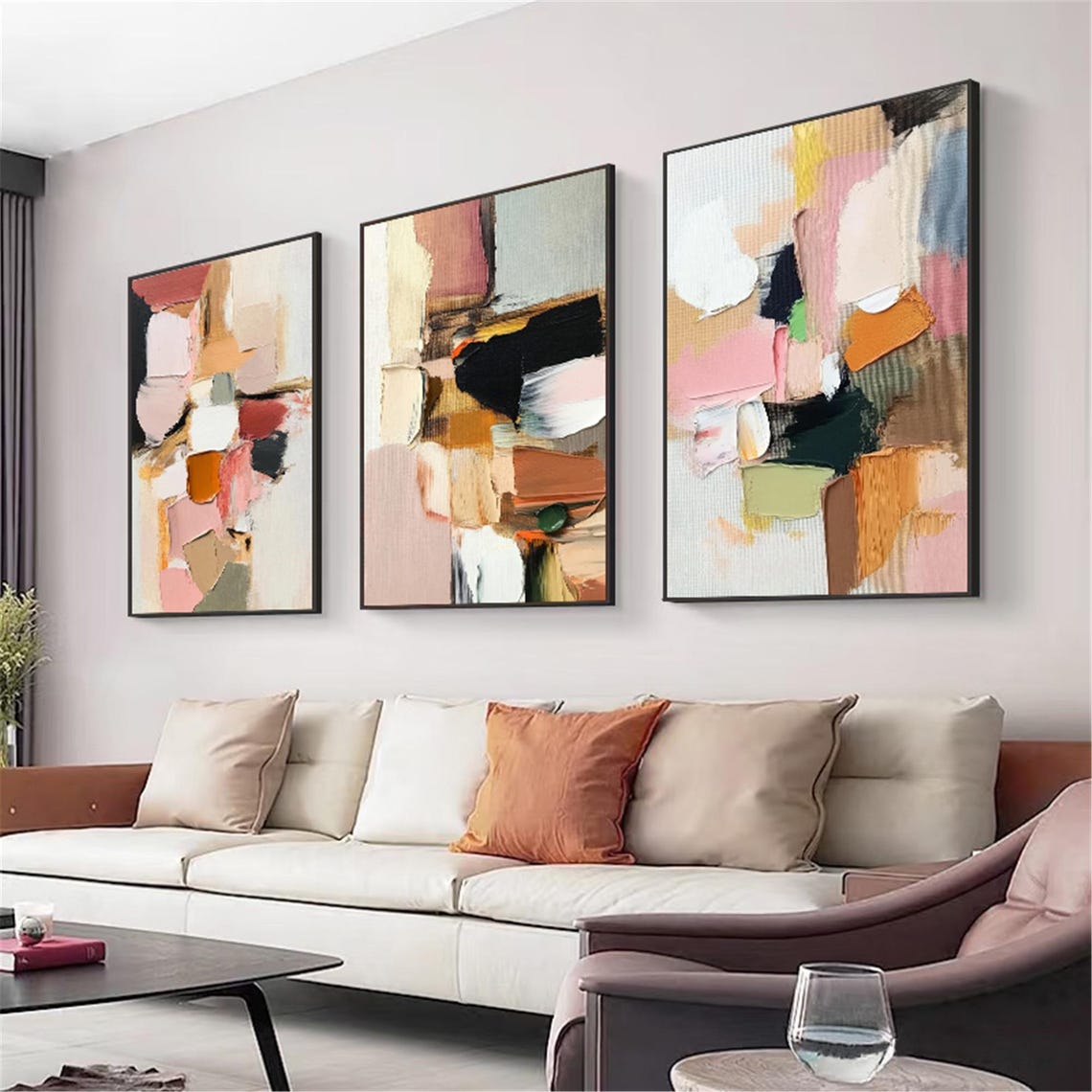 Three Piece Blush Orange Black Abstract Set Triptych Modern Wall Art - Image 3