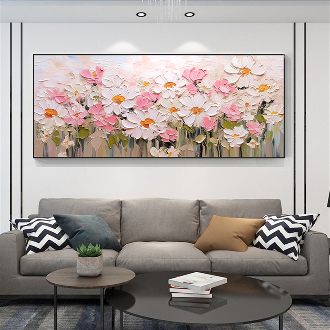 White Pink Cosmos Flower Field Panoramic Textured Floral Wall Art - Image 5