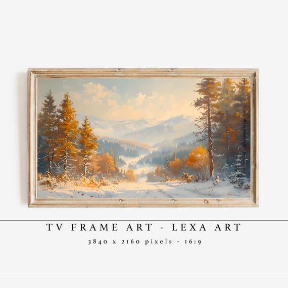Winter Mountain Landscape Tv Art Snowy Forest Path Cozy Cabin Decor Frame Rustic Nature Wall