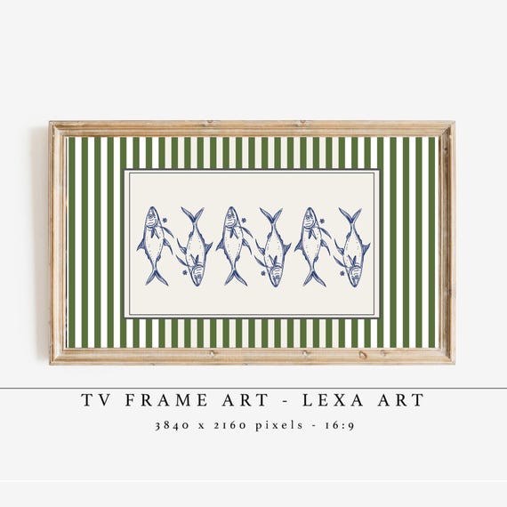 Hand Drawn Sardines Tv Frame Art Green Stripe Fish Retro Coastal Nautical Decor Seafood Illustration Screensaver