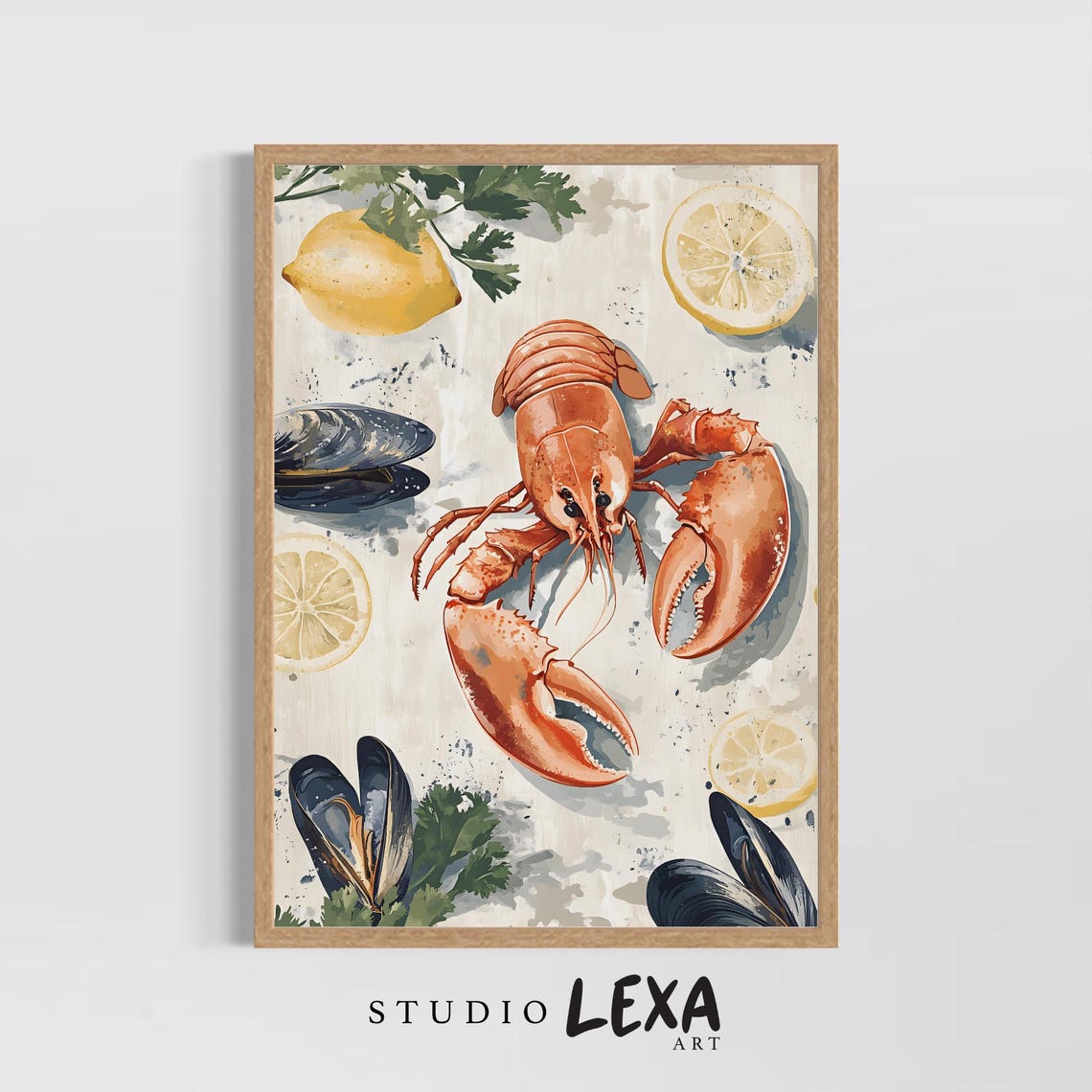 Lobster Seafood Boil With Lemon Watercolor Kitchen Wall Poster
