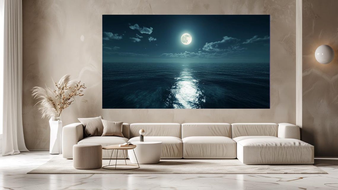 Full Moon Over Dark Ocean Night Seascape Moonlit Reflection Poster