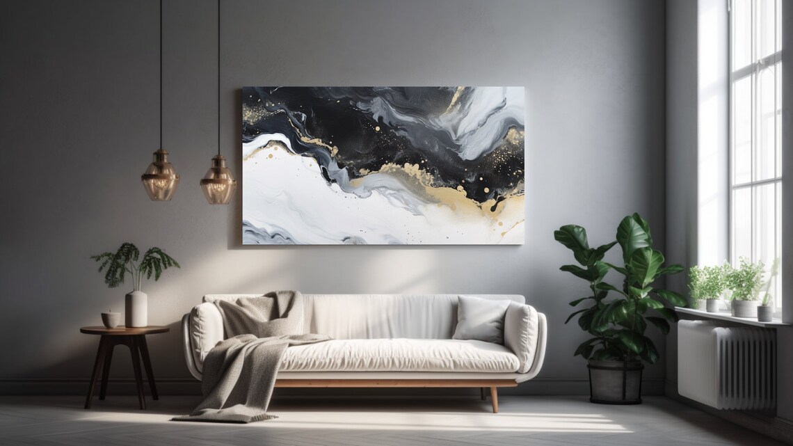 Black White Gold Marble Ink Swirl Abstract Luxury Art Poster