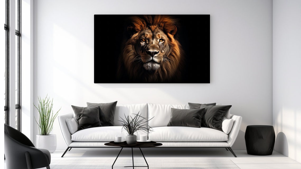 Lion Portrait Black Background Majestic Mane Wild Big Cat Art Poster