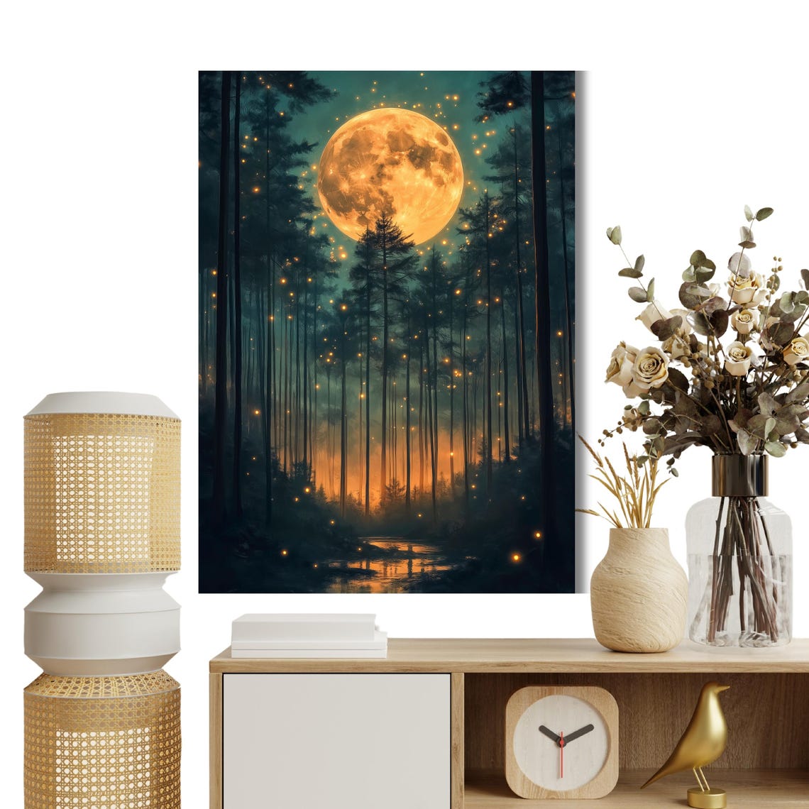 Golden Full Moon Over Dark Pine Forest Starry Night Sky Wall Art - Image 4