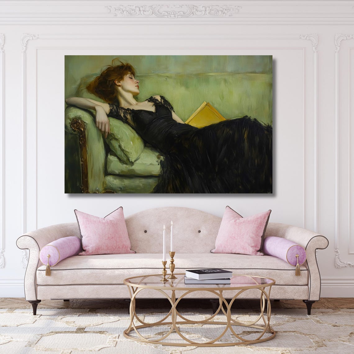 Woman Reclining with Book on Green Sofa Impressionist Poster - Image 4
