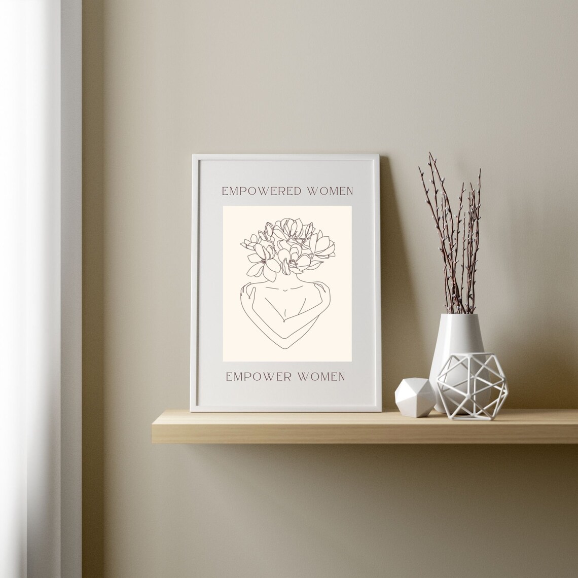 Empowered Women Empower Women Feminist Line Art Floral Poster Beige - Image 3