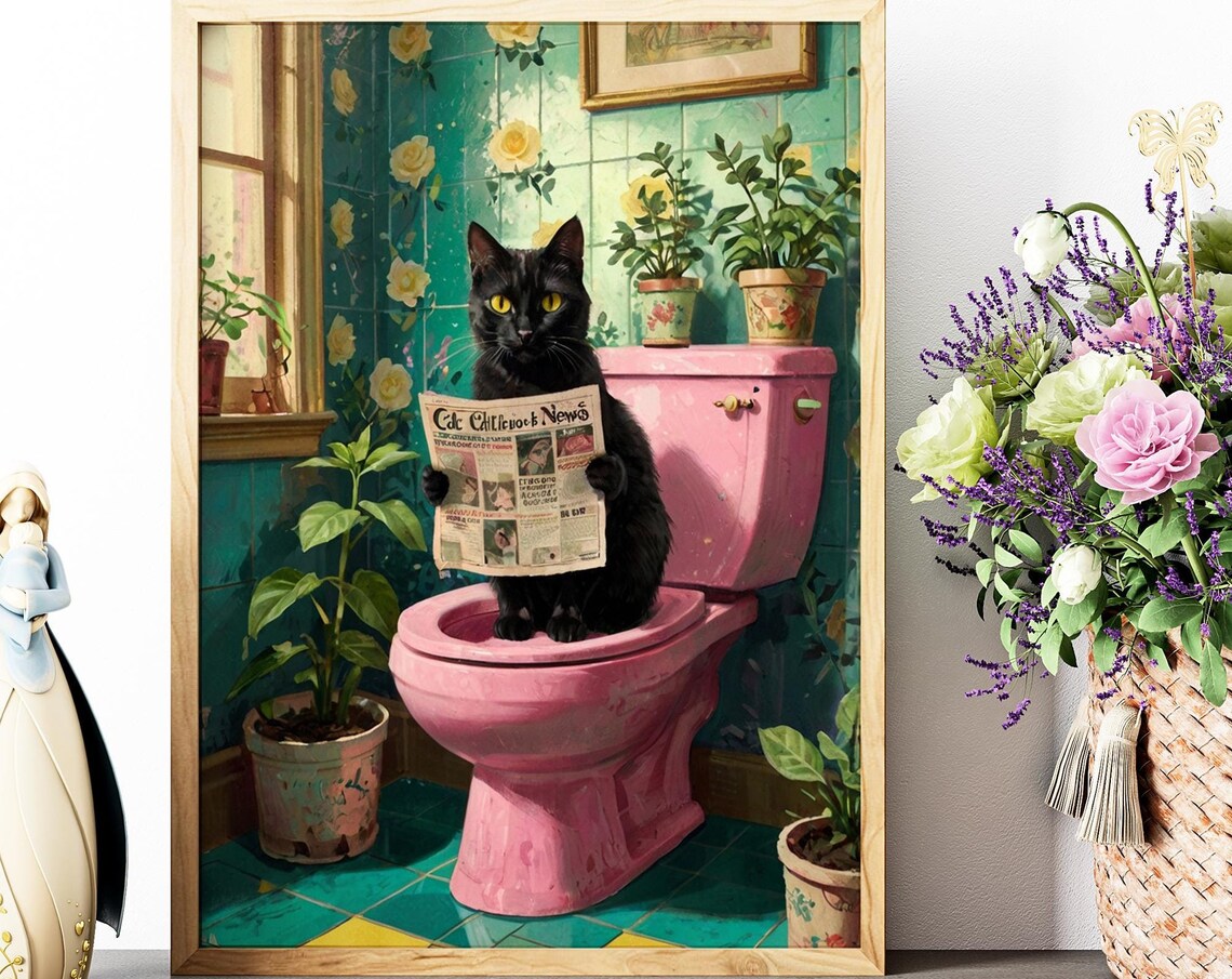 Black Cat Reading Newspaper on Pink Toilet Funny Bathroom Cat Wall Art