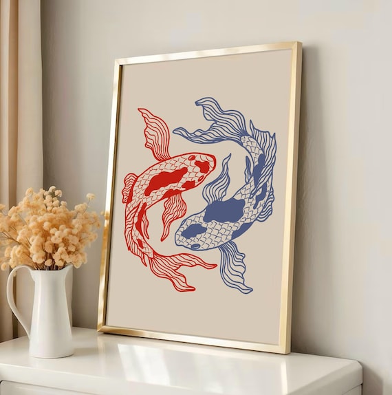 Koi Fish Print Japanese Koi Wall Art Blue Red Retro Animal Art Print Hand Drawn Poster Koi Fish Illustration Trendy Poster