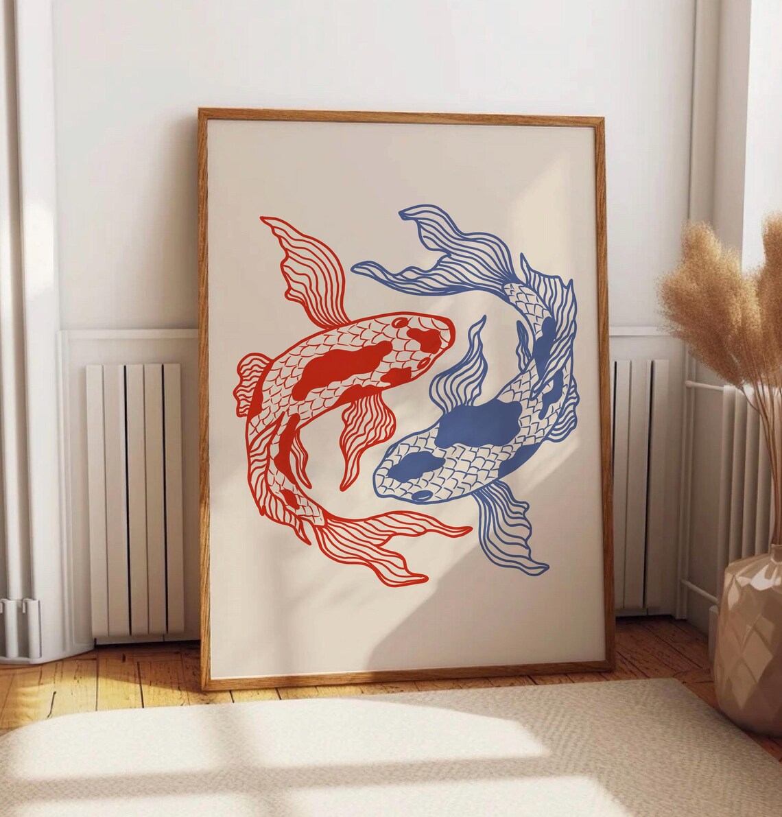 Red Blue Koi Fish Yin Yang Japanese Line Art Illustration Poster - Image 3