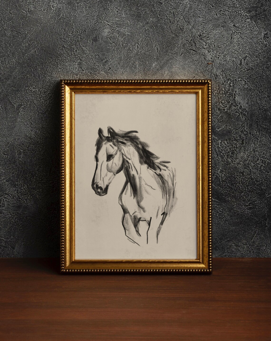 Wild Horse Head Black Ink Sketch Equestrian Art Gold Frame Poster