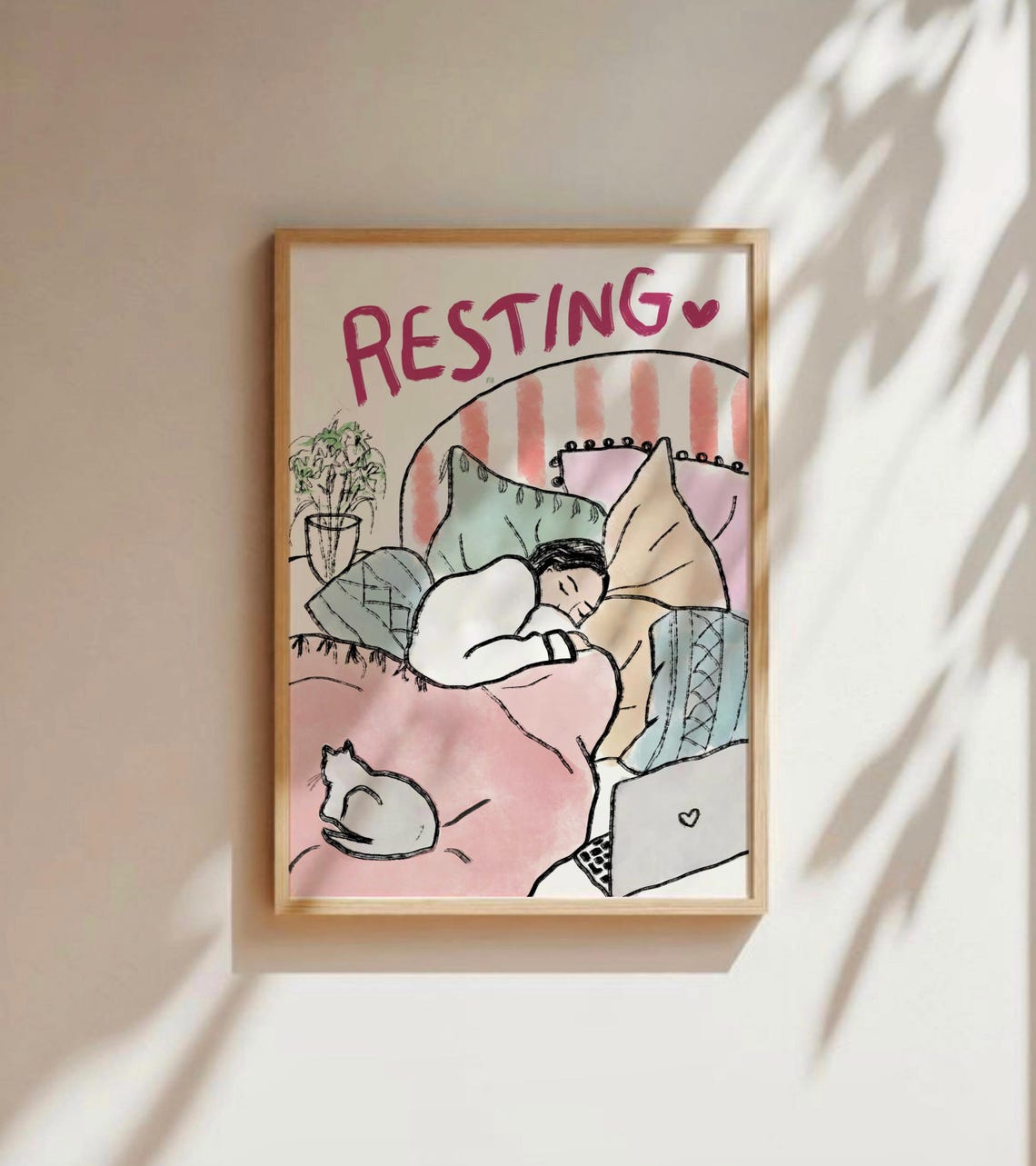 Resting In Bed Cozy Hand Drawn Cat Sleeping Illustration Poster - Image 3