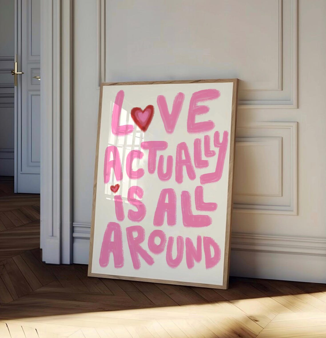 Love Actually Is All Around Pink Hearts Girly Bedroom Quote Poster