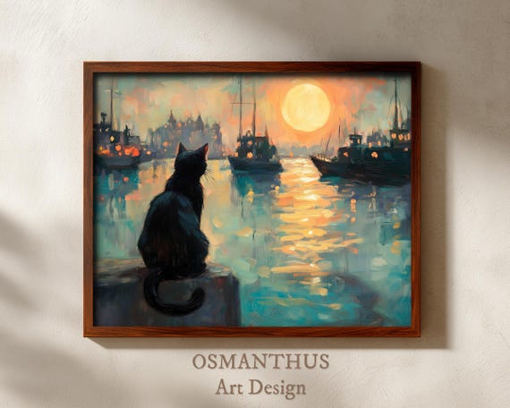 Vintage Halloween Night With Full Moon Cat Silhouette Moonlit Harbor Scene Enchanting Autumn Decor Wall Art 40