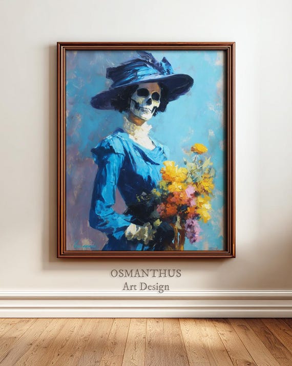 Dia De Los Muertos Portrait Vintage Style Colorful Floral Decor Skeleton In Blue Victorian Lady Wall Art Manet Inspired 57