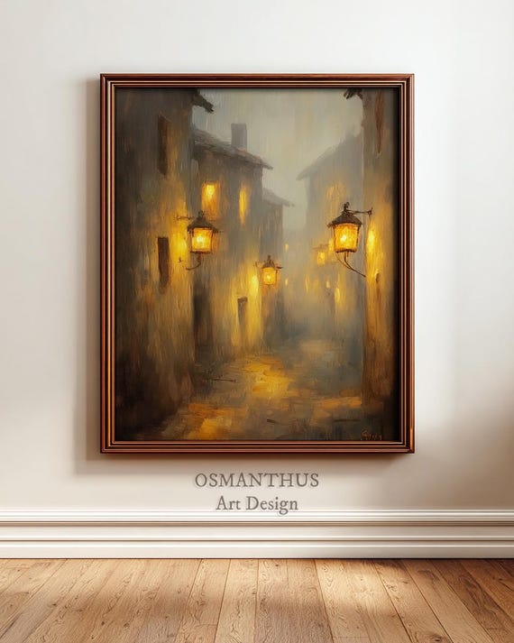 Alluring Night Village Scene Foggy Street Painting Vintage Oil Art Lamplit Square Moody Wall Decor 30