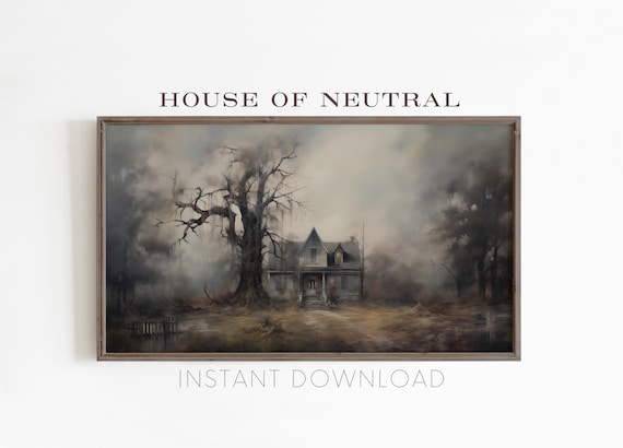 Spooky Haunted House Foggy Night Dead Tree Vintage Halloween Wall Art