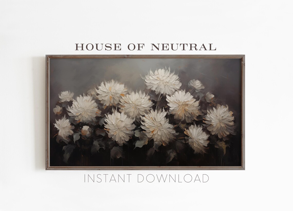 White Mums Bouquet Dark Moody Textured Fall Floral Oil Painting Poster