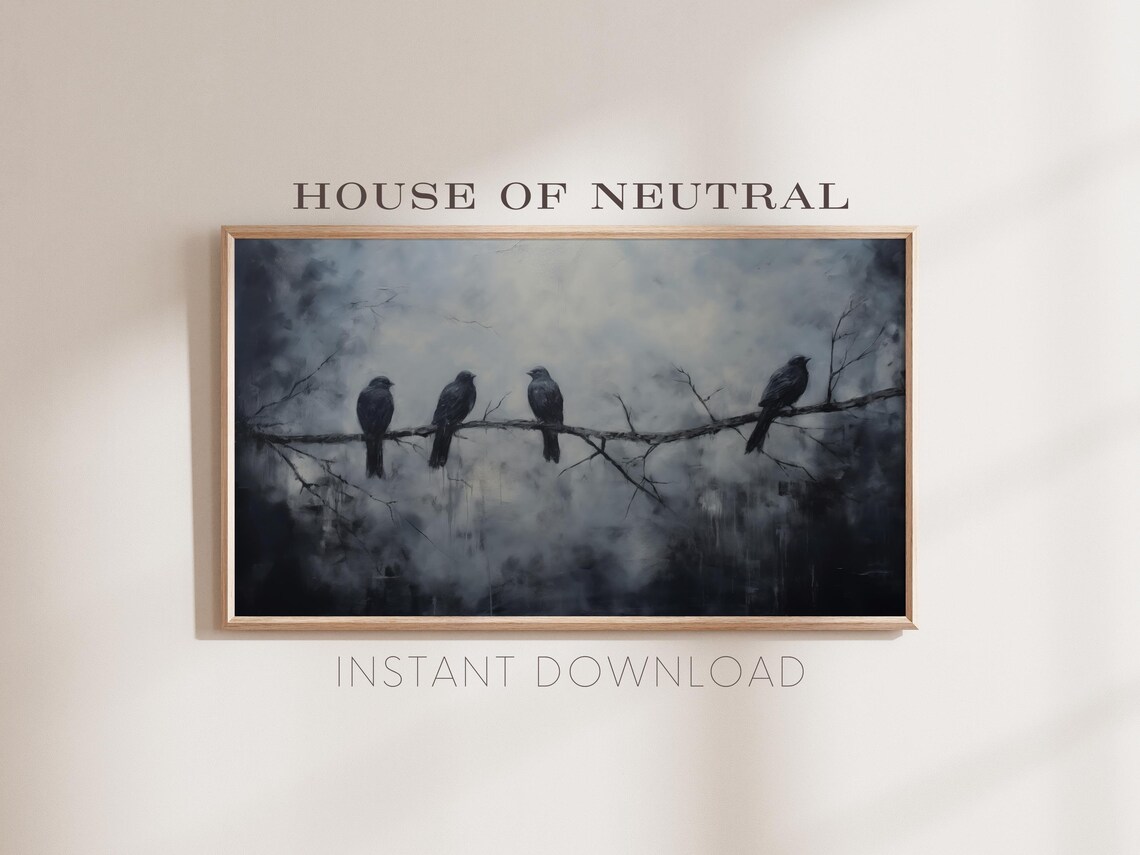 Four Black Birds Bare Branch Misty Blue Vintage Moody Night Art Poster - Image 2