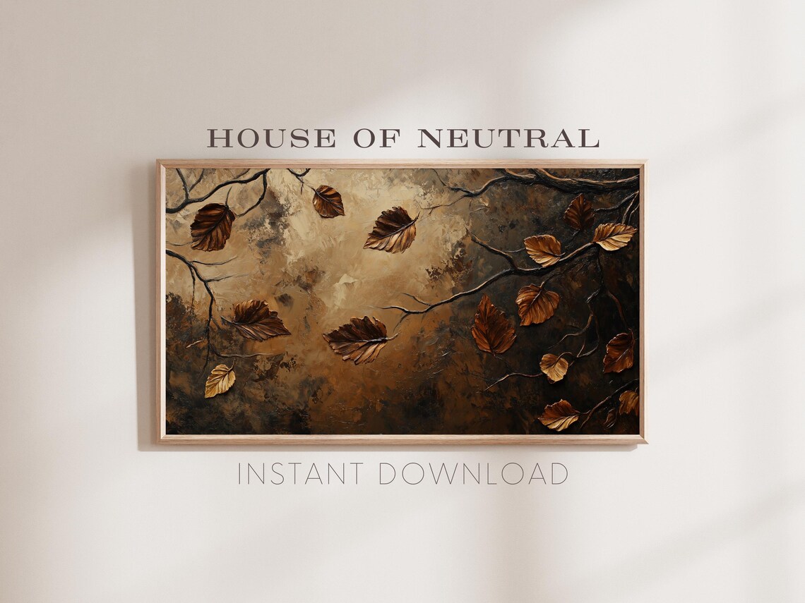 Golden Bronze Autumn Leaves Branch Textured Metallic Neutral Wall Art - Image 2