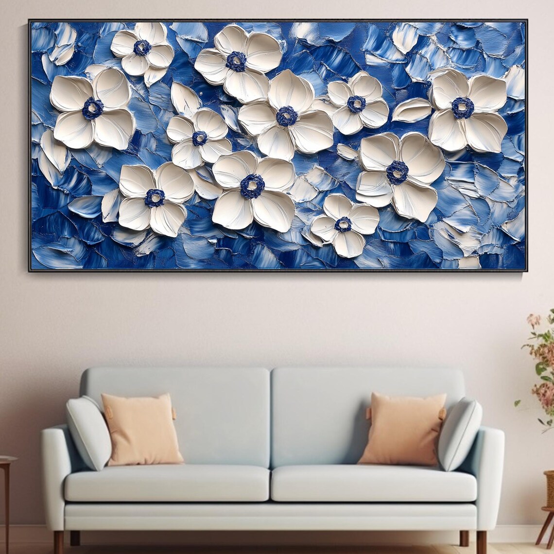 White Anemone Flowers On Deep Blue Swirling Impasto Textured Poster