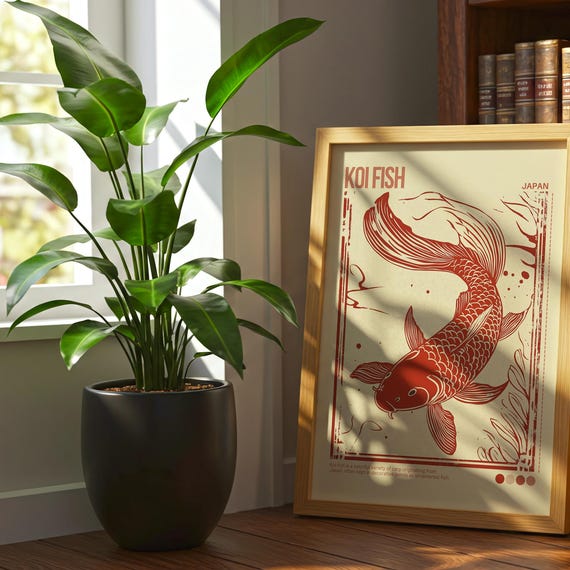 Koi Fish Poster Zen Wall Art Japanese Pond Print Rainbow Animal Art Vintage Decor Poster Impressionist Wall Art Colorful Fish Poster