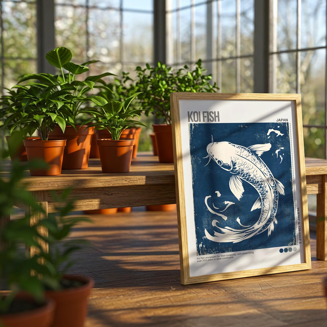 Koi Fish Japan Blue Woodblock Pond Indigo Calm Nature Poster - Image 7