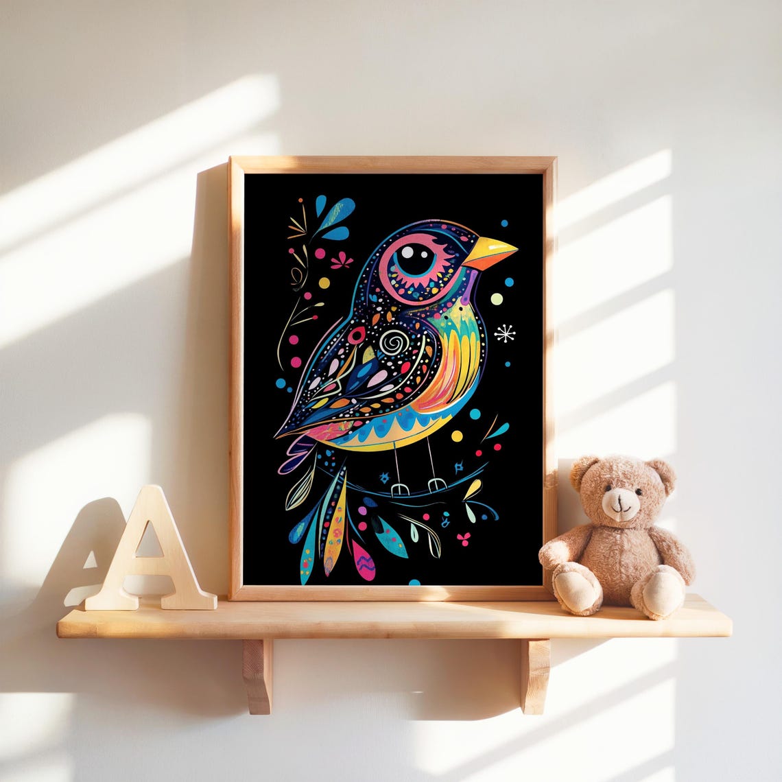 Colorful Folk Art Bird Illustration Neon Songbird Black Poster