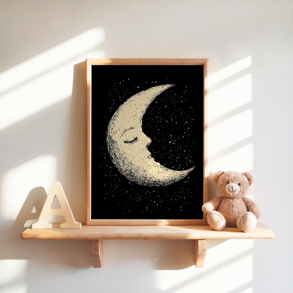 Sleeping Crescent Moon Face Starry Black Night Nursery Baby Room Poster