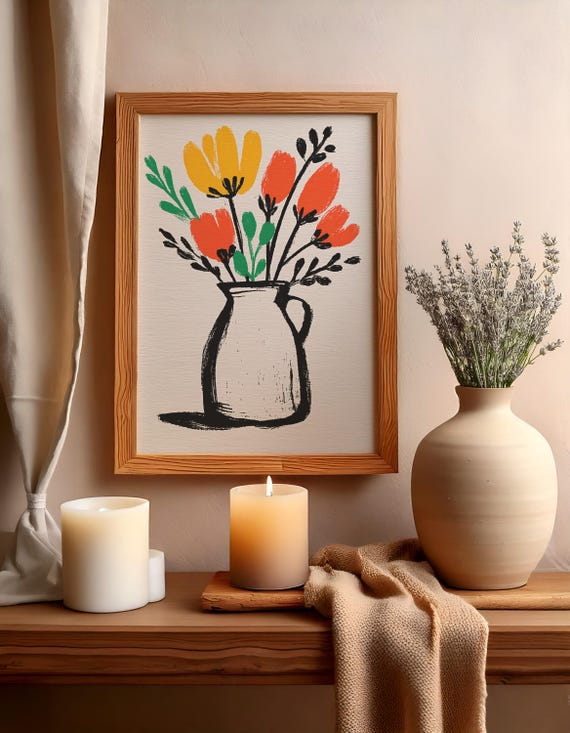 Floral Wall Art Flower Vase Print Botanical Home Decor Modern Painting