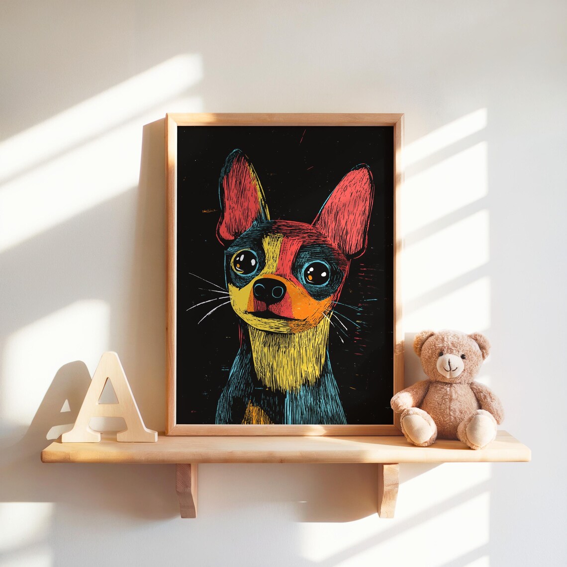 Colorful Little Dog Pop Art Portrait Black Background Wall Art