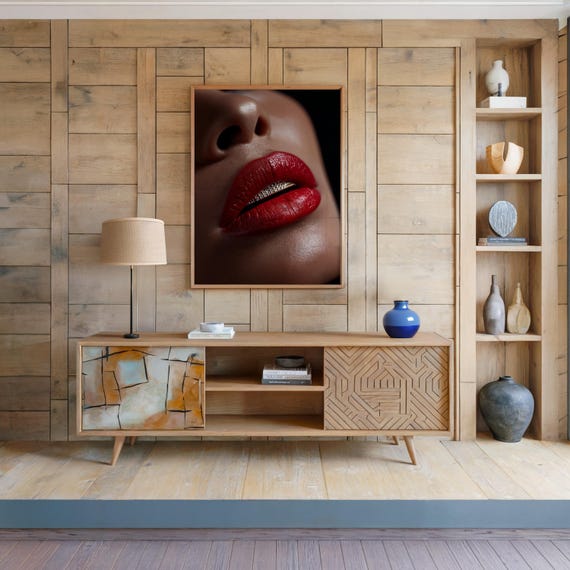 Red Lips Lipstick Image Diamond Grill Glamorous Makeup Beauty Portrait Fashion Photography Art Wall Decor