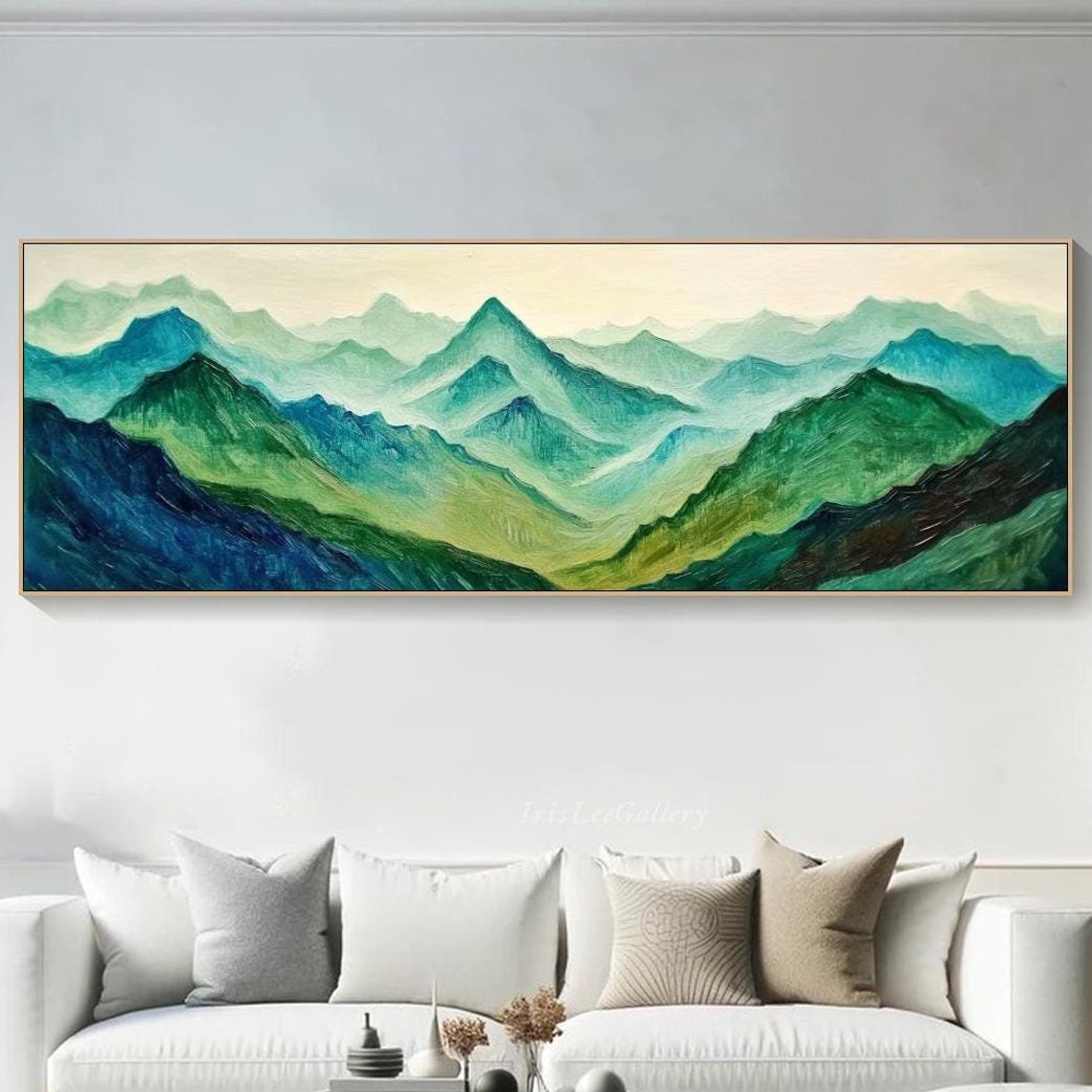 Abstract Mountain Landscape Painting Modern Green Textured Wall Art Impasto Minimalist Nature Scenery Wall Art Contemporary Peaceful Decor