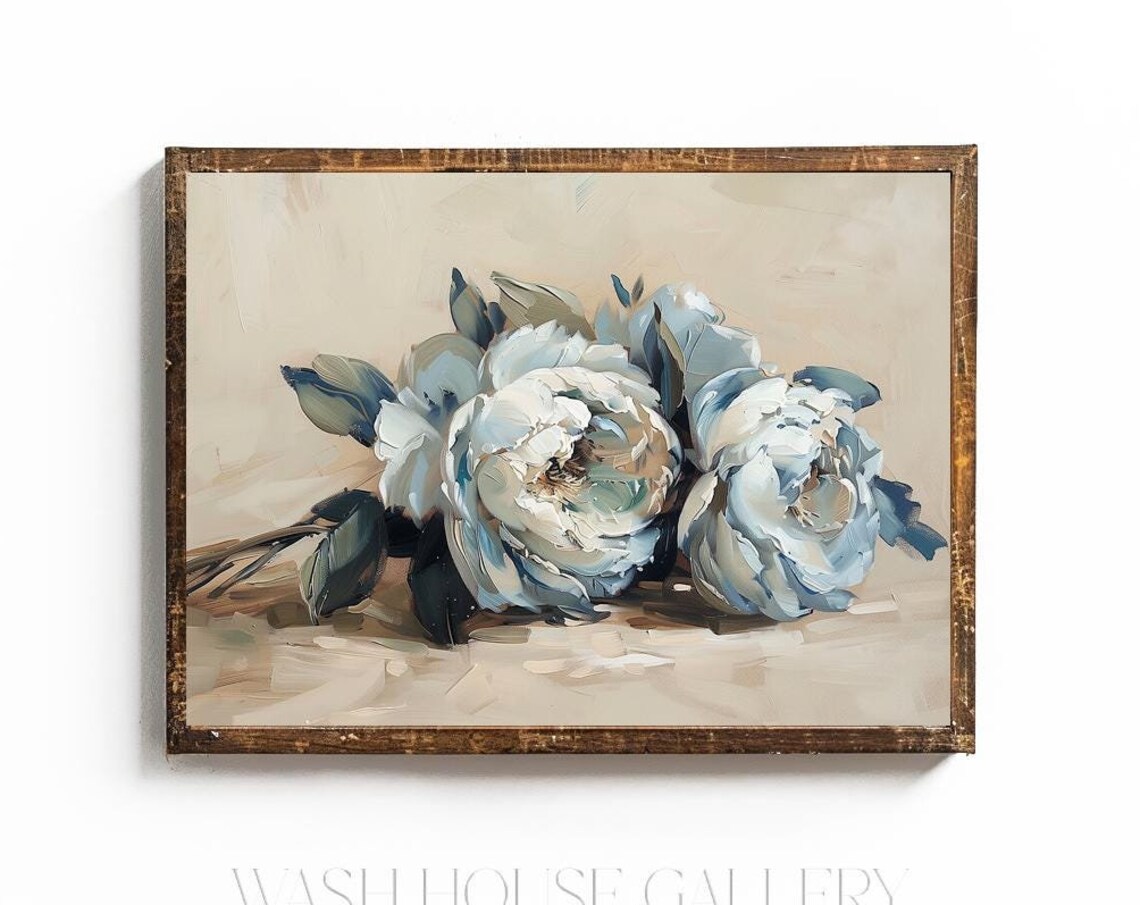 Blue Peony Bouquet Soft Neutral Floral Oil Painting Art Poster