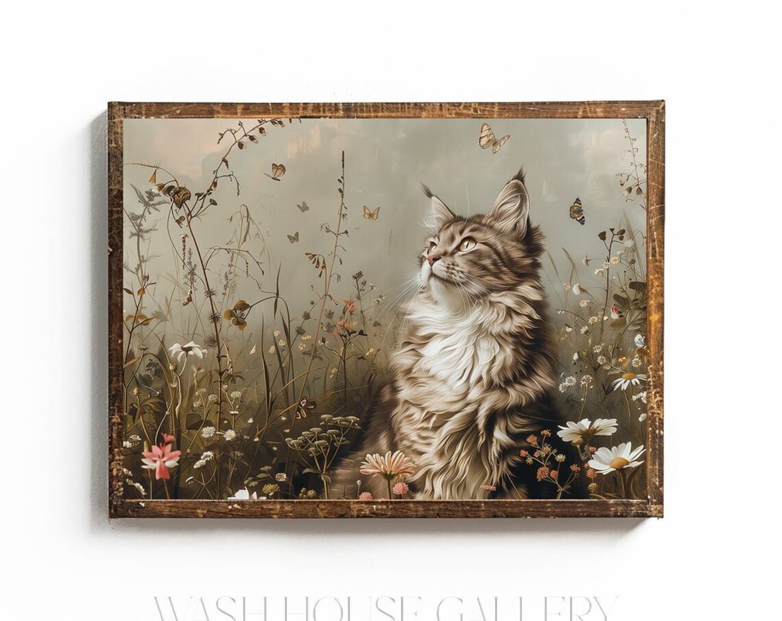 Long Haired Cat In Wildflower Meadow With Butterflies Art Poster