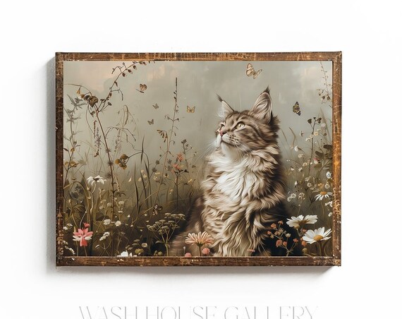 Long Haired Cat In Wildflower Meadow With Butterflies Art Poster