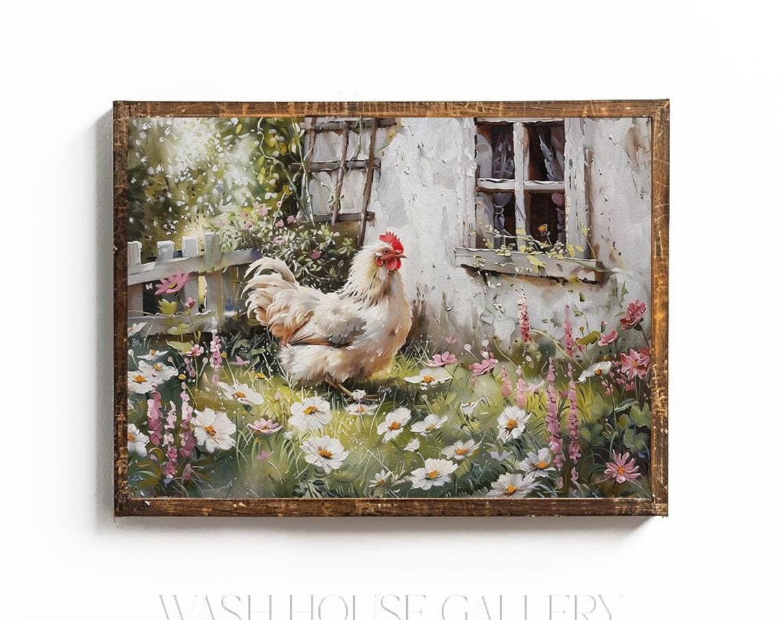 White Rooster Among Daisies in a Farmhouse Garden Art Poster