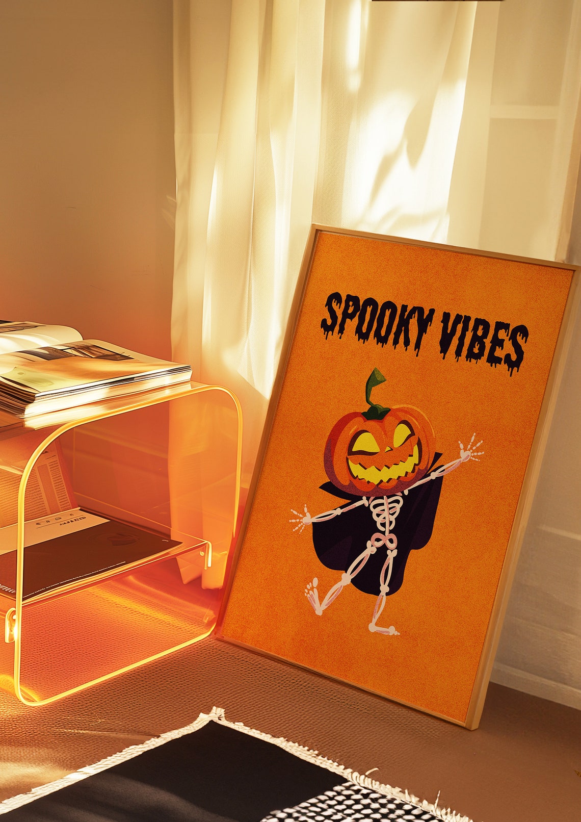 Spooky Vibes Pumpkin Head Skeleton Dance Black Cape Halloween Poster - Image 4